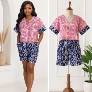 Burgundy Adire Shorts and Blouse Set